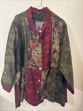 John Mark Patchwork Floral Button-Up Jacket in Red & Olive